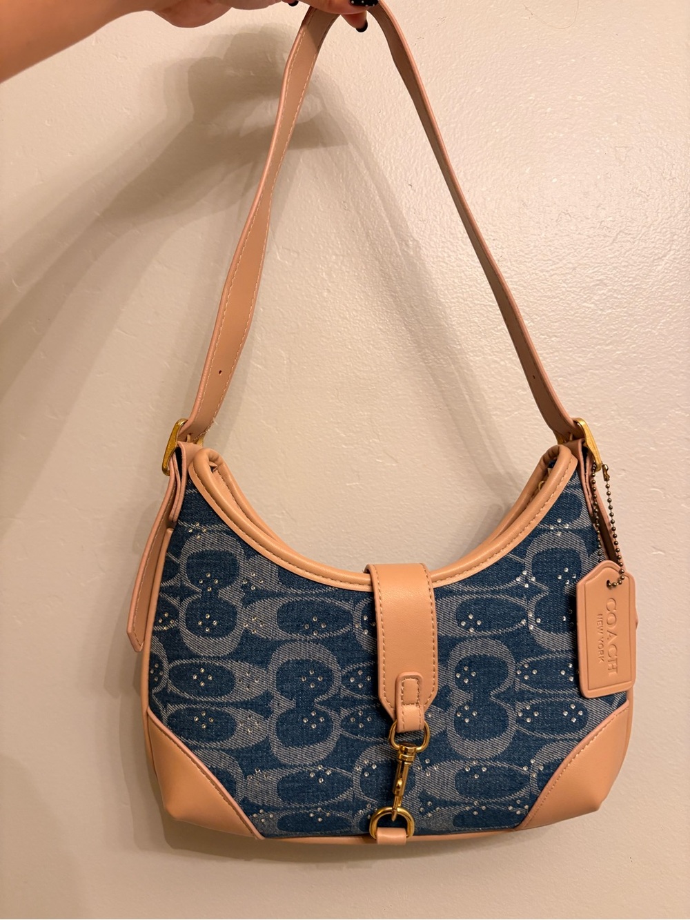 COACH Blue Denim Signature Canvas Shoulder Bag with Tan Leather Trim